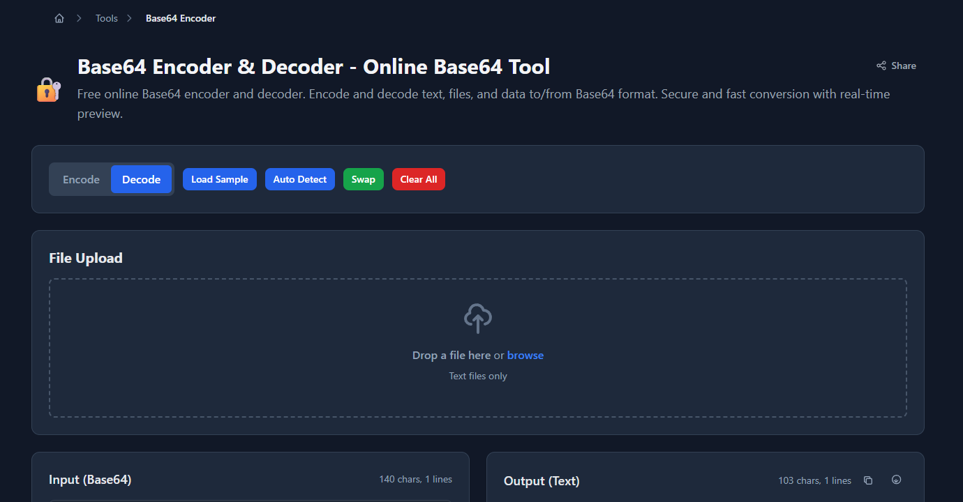 GoGood.dev Base64 Encoder in Decode mode — base64 string as input, decoded JSON payload visible in output panel