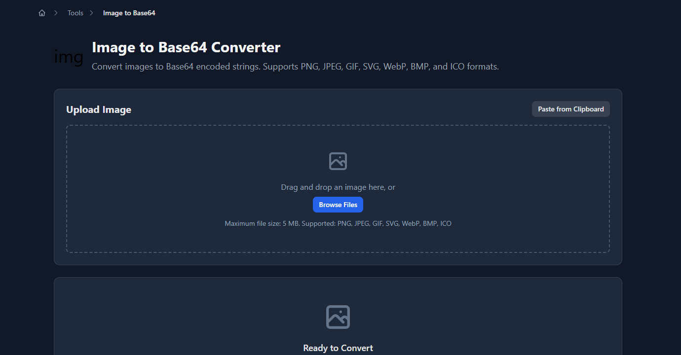 GoGood.dev Image to Base64 tool with upload area and supported format list — PNG, JPEG, SVG, WebP
