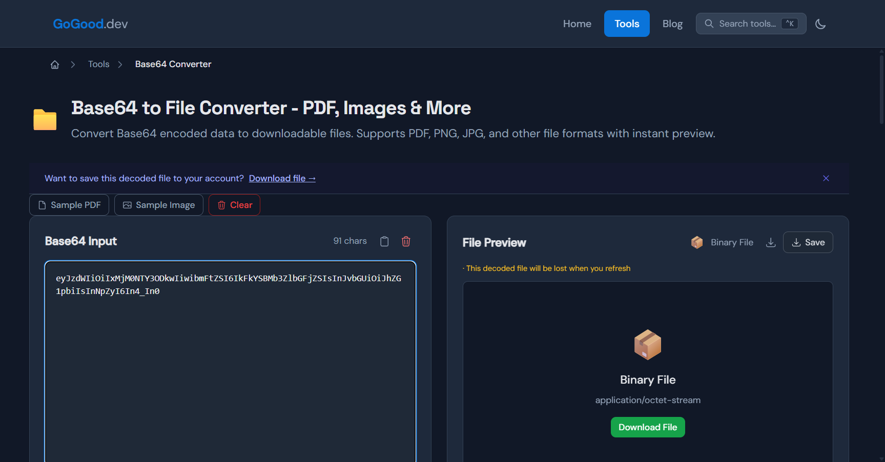 GoGood.dev Base64 Converter decoding a URL-safe, unpadded Base64 string — underscore visible in the input, file preview and download button already shown
