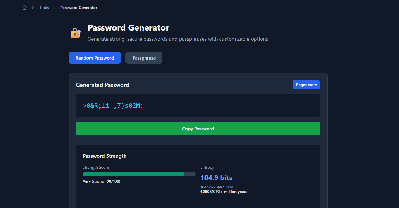 GoGood.dev Password Generator showing a 16-character generated password with Very Strong rating