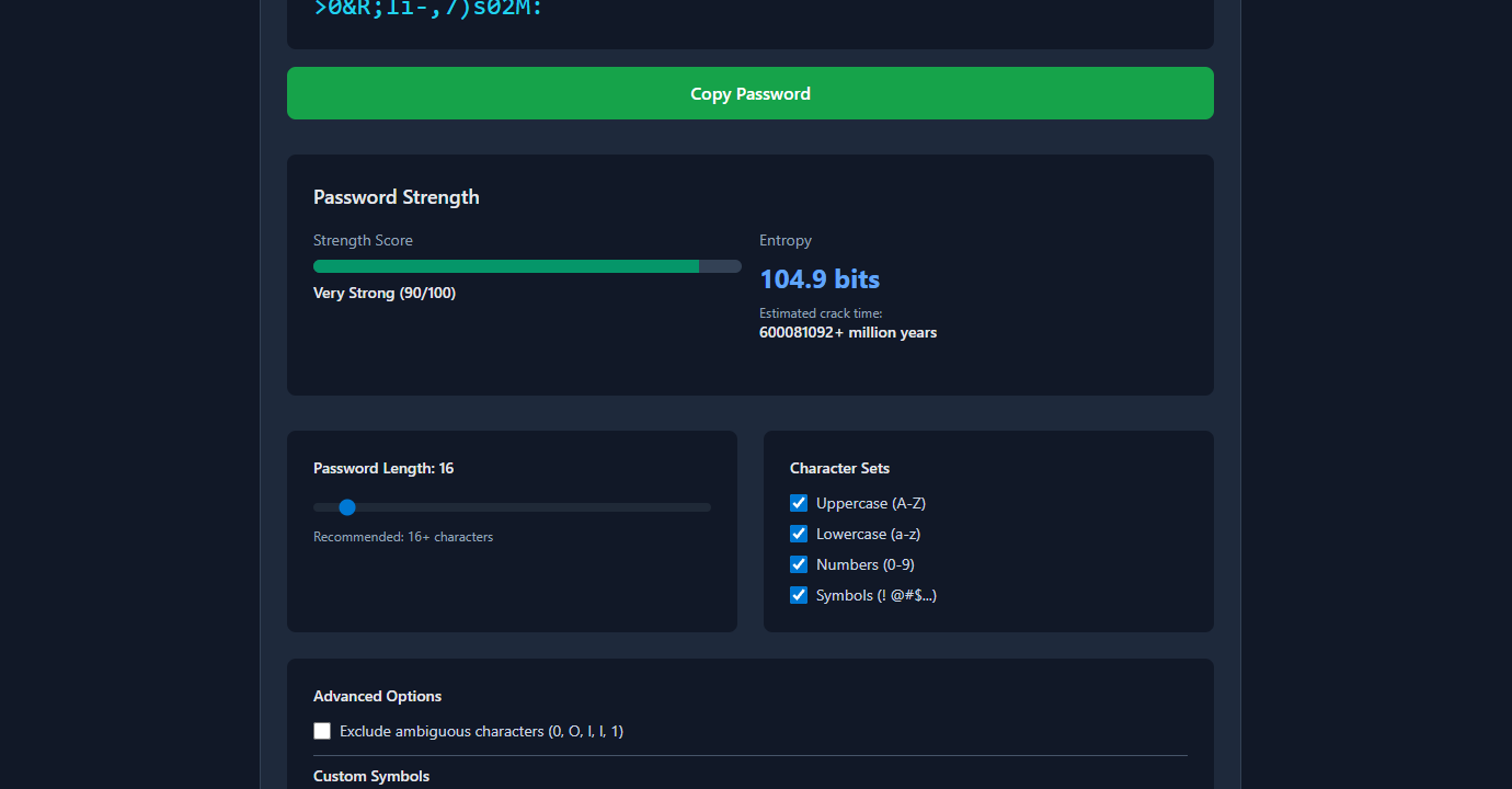 GoGood.dev Password Generator showing strength score, entropy bits, and estimated crack time