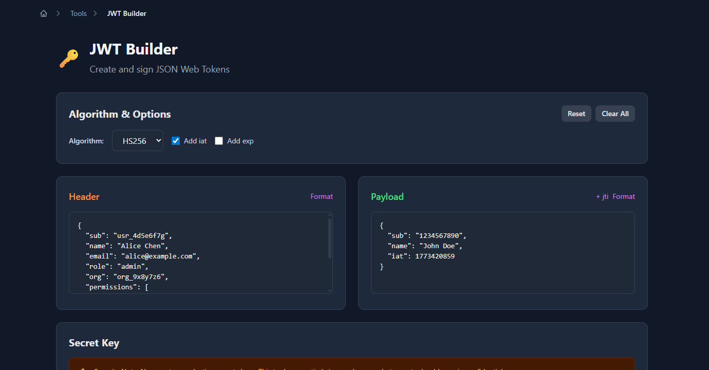 GoGood.dev JWT Builder with payload claims entered — sub, name, email, role, org, permissions