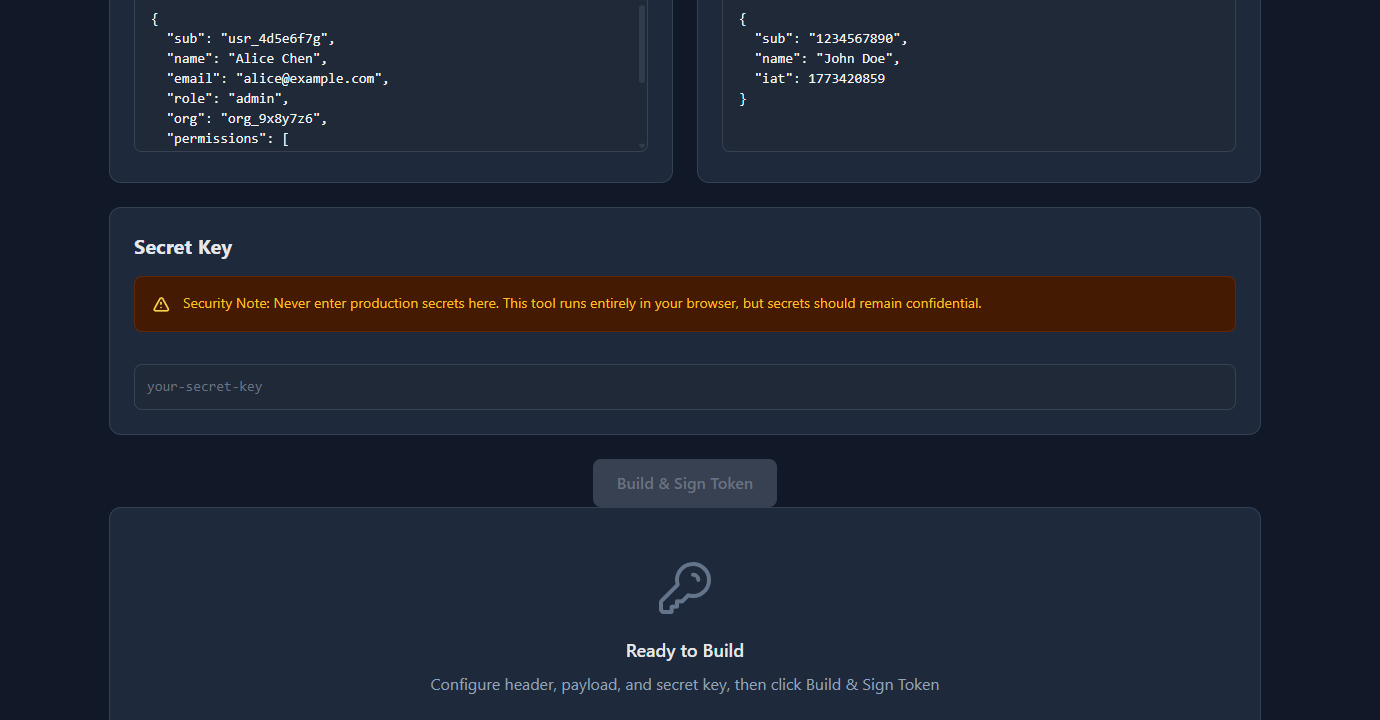 GoGood.dev JWT Builder showing generated JWT token ready to copy with the encoded output