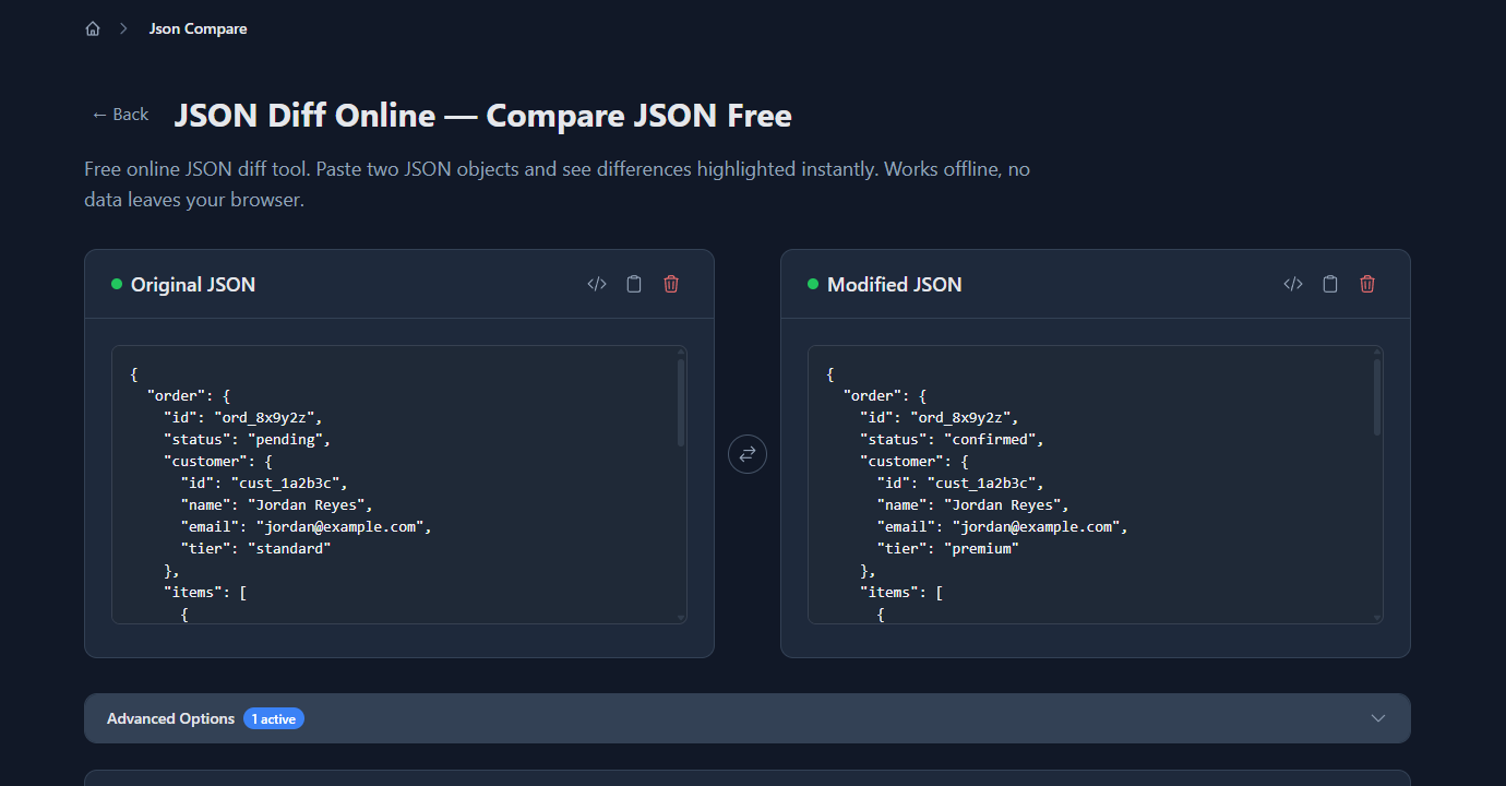 GoGood.dev JSON Compare with two order payloads pasted — original order on left, updated order on right