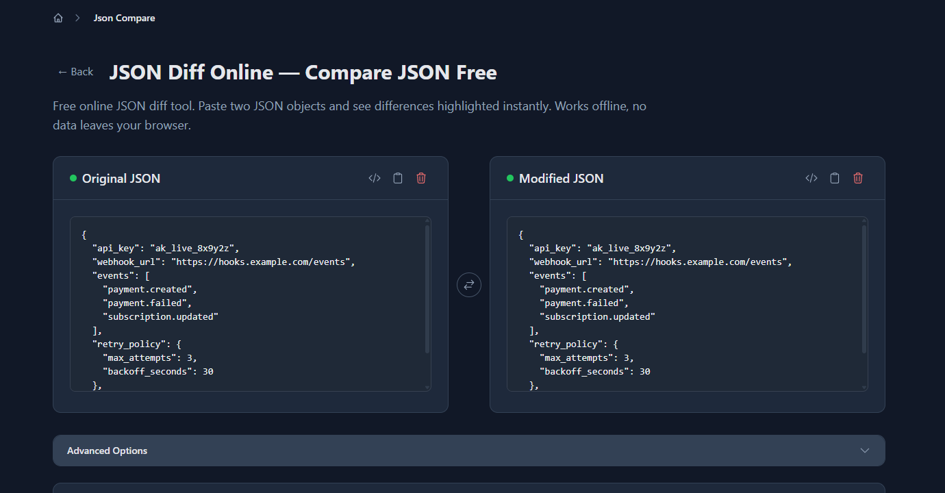 GoGood.dev JSON Compare with valid JSON pasted — no errors, ready to compare