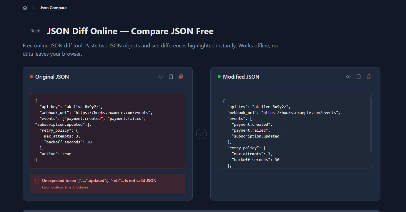 GoGood.dev JSON Compare showing parse error for invalid JSON with trailing comma and unquoted key