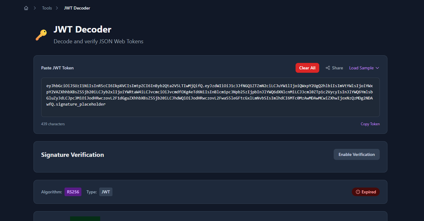 GoGood.dev JWT Decoder with an RS256 token pasted — header showing alg RS256 and kid field visible