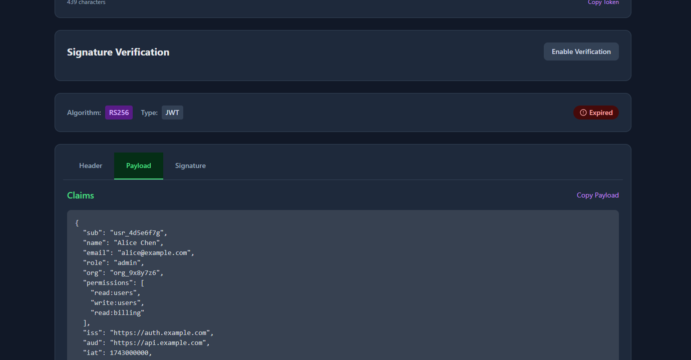 GoGood.dev JWT Decoder showing decoded JWT header with RS256 algorithm and kid, and payload with claims