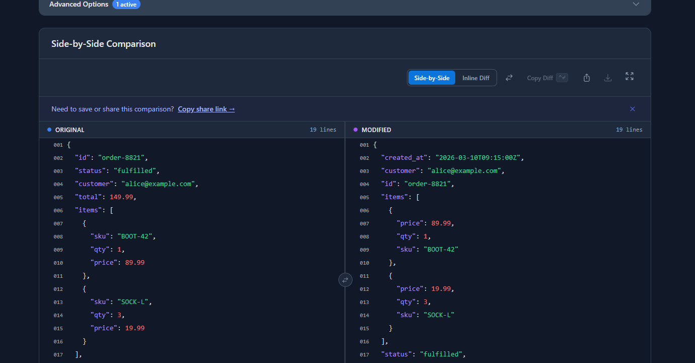 GoGood.dev JSON Compare showing structural diff output — reordered keys correctly identified as identical, only real changes highlighted