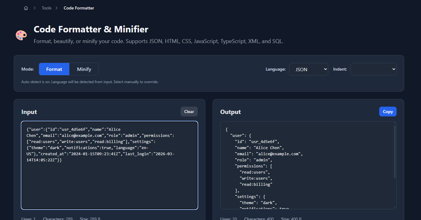 GoGood.dev Code Formatter with minified JSON pasted into the input panel, JSON mode selected