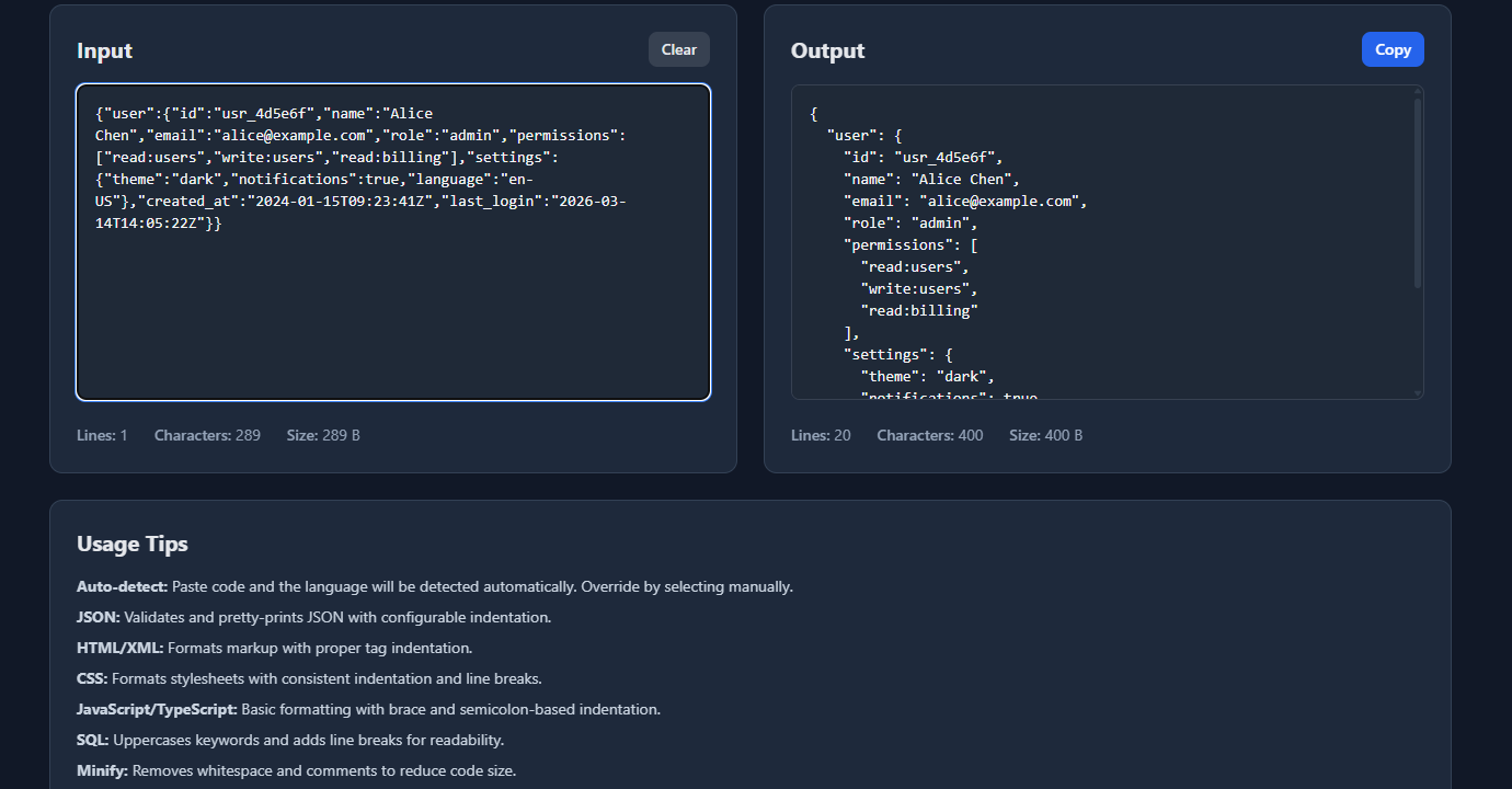 GoGood.dev Code Formatter showing formatted JSON with 2-space indentation and readable structure
