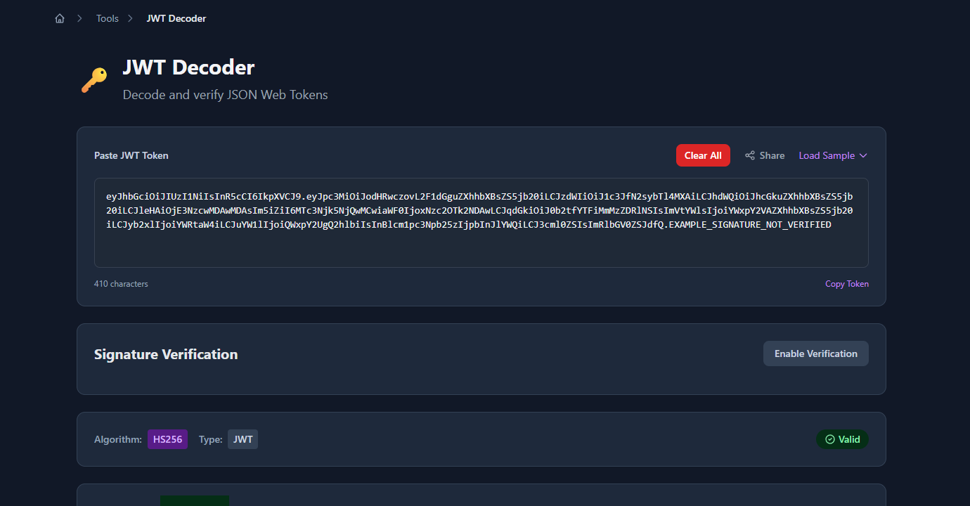 GoGood.dev JWT Decoder with a realistic JWT token pasted — shows HS256 algorithm, Valid status, and Payload tab selected