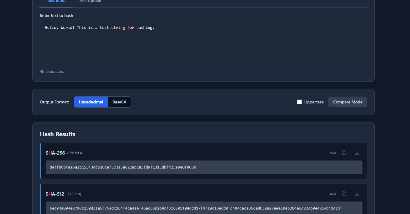 GoGood.dev Hash Generator showing SHA-256 and MD5 hash outputs for the entered text