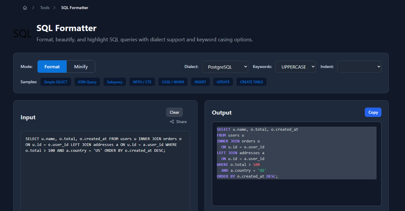 GoGood.dev SQL Formatter with a JOIN query loaded — dialect, keyword, and indent options visible