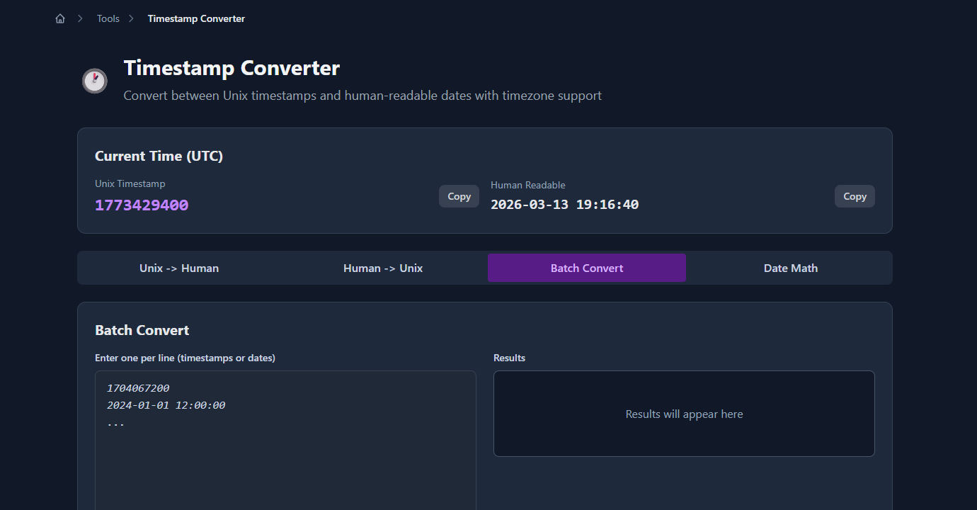 GoGood.dev Timestamp Converter showing current Unix timestamp and human-readable date in UTC