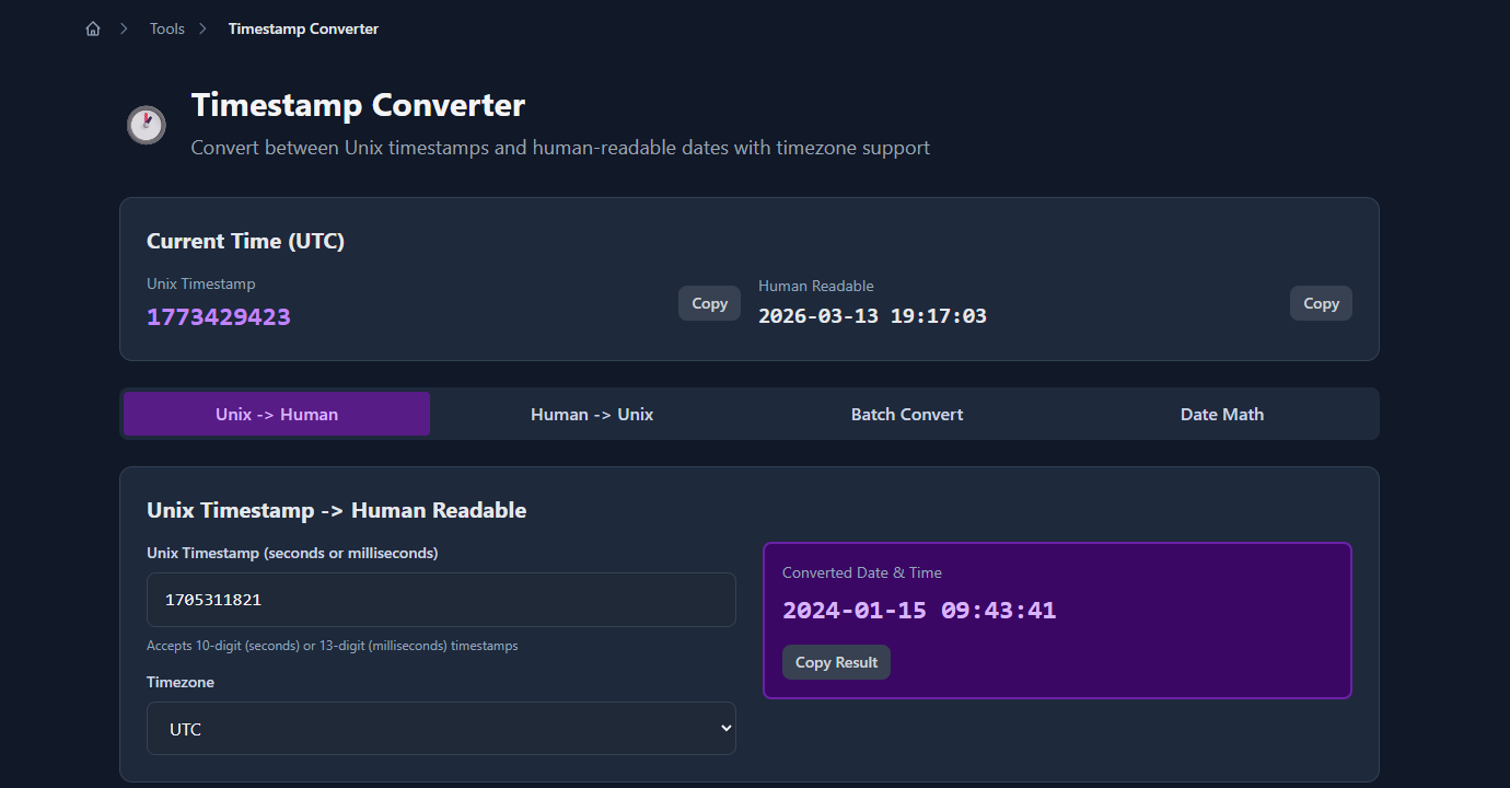 GoGood.dev Timestamp Converter Unix to Human tab with timestamp input and timezone selector