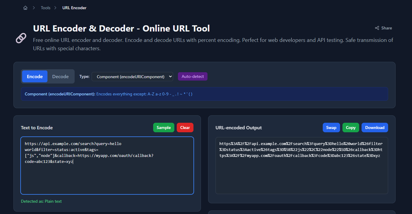 GoGood.dev URL Encoder with a URL containing spaces, special chars, and a nested callback URL pasted in