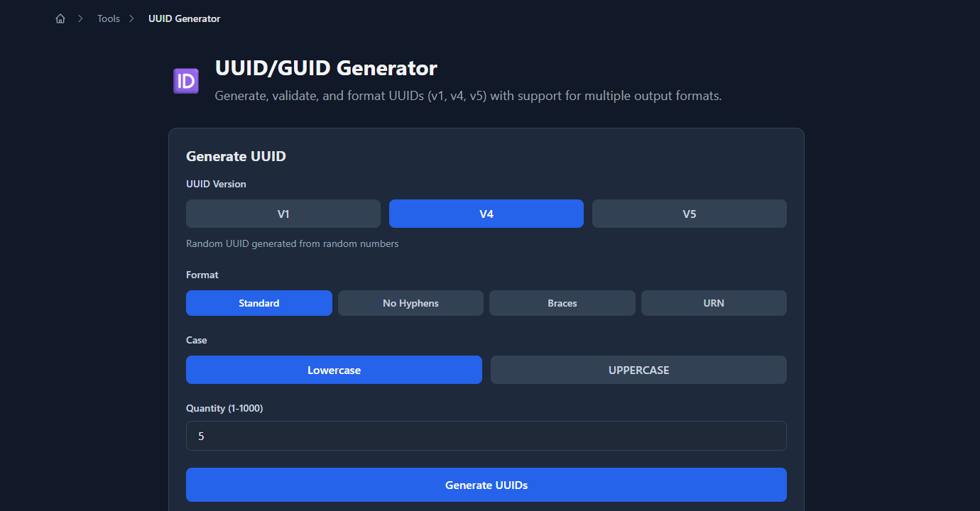 GoGood.dev UUID Generator with V4 version selected, showing format and quantity options