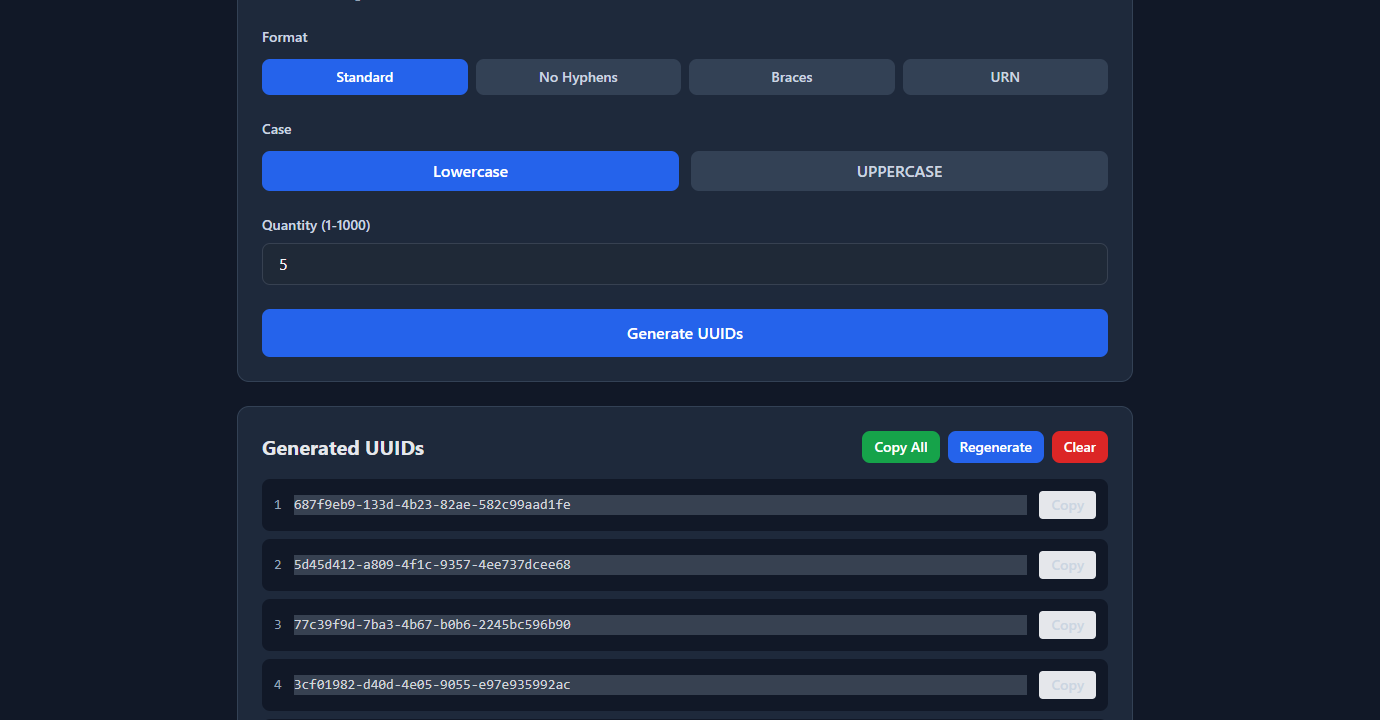 GoGood.dev UUID Generator showing generated v4 UUIDs ready to copy in standard format
