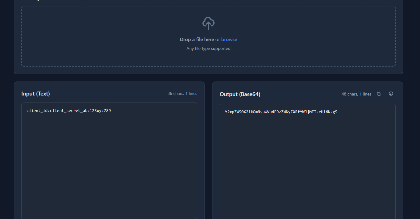 GoGood.dev Base64 Encoder showing the Base64-encoded credential string ready to copy