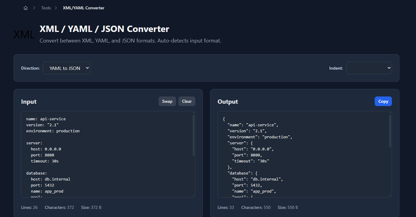 GoGood.dev XML/YAML Converter with a YAML config pasted — YAML to JSON direction selected